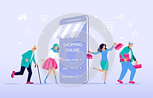 Ecommerce retail on device for customer application on blue background