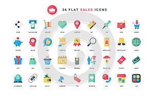 Ecommerce and sales trendy flat icons set, discount coupons for retail shop and marketplace
