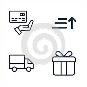 ecommerce and shopping line icons. linear set. quality vector line set such as gift, truck, sort