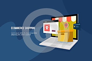 Ecommerce shopping store. Box and ecommerce website on laptop front. Customers can buy product online with digital payment concept
