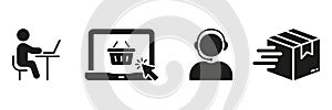 Ecommerce Silhouette Icon Set. Buy In Online Store Symbol Collection. Delivery Service Support Glyph Pictogram. Shopping