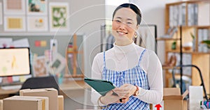 Ecommerce, smile and Asian woman with tablet for sales, checklist and work at fashion startup. Online shopping, boxes