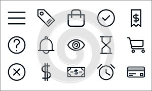 Ecommerce starter pack line icons. linear set. quality vector line set such as card, money, wrong, timer, dollar, question, time,
