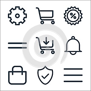 ecommerce starter pack line icons. linear set. quality vector line set such as menu, secure, bag, bell, add to cart, menu,