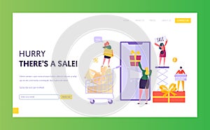 Ecommerce Store Sale Website Template. Woman Shop Online Using Smartphone. E-commerce, Consumerism, Retail Concept