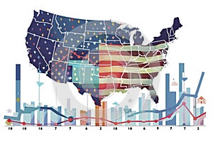 Economic charts and indicators overlaying a map of the USA, illustrating the nation's economic development and