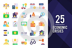 25 Economic Crisies Flat icon pack. vector illustration