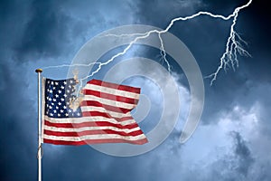 Economic crisis concept with the US flag struck by lightning