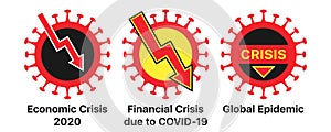 Economic crisis and coronavirus, icon set. Global financial crisis due to COVID-19 virus infection, warning sign set