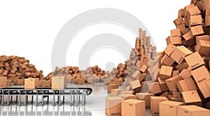 Warehouse with boxes and conveyor belt.