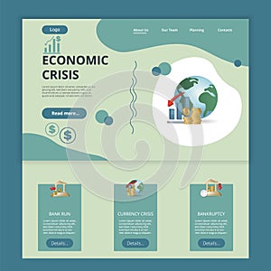 Economic crisis flat landing page website template. Bank run, currency crisis, bankruptcy. Web banner with header