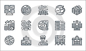 economic crisis line icons. linear set. quality vector line set such as bank, economist, emerging markets, stock market, debt,