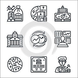 economic crisis line icons. linear set. quality vector line set such as economist, bond, emerging markets, trader, currency, bank