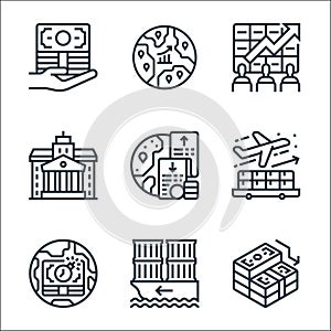 economic crisis line icons. linear set. quality vector line set such as crisis, import, debt, export, expend, bank, stock market, photo