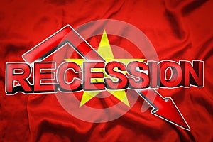 Economic crisis in Vietnam. Flag of the Vietnam, red arrow down and the inscription Recession. Slowdown and decline of the economy