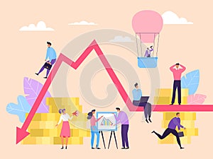 Economic down business crisis, worker panic concept vector illustration. Man and woman on chart looking for ways to