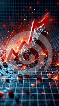 Economic downturn 3D financial chart breaks apart, red arrow descends