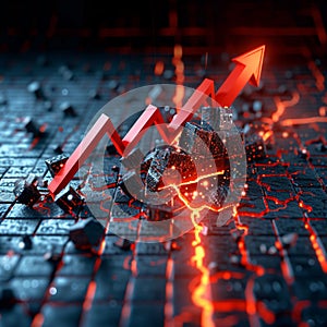 Economic downturn 3D financial chart breaks apart, red arrow descends