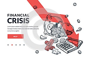 Economic financial crisis concept. Broken piggy bank on falling down red arrow background. Vector sketch illustration