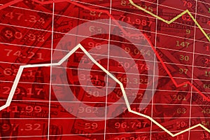 Economic and financial crisis concept. Stock market graphs and charts with downtrend and currency quote