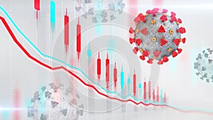 Economic graph chart and business report, red coronavirus macro on white and blurred background.