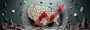 Economic growth concept: rising arrow on usa map with coins