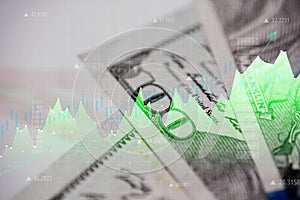 Economic growth in the United States of America. Paper banknotes with graphics.