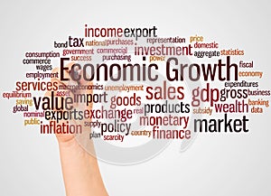 Economic Growth word cloud and hand with marker concept