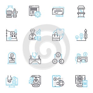 Economic Policy linear icons set. Fiscal, Mtary, Inflation, Deflation, Interest, Taxation, Regulation line vector and