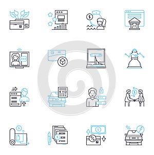 Economic policy linear icons set. Inflation, Deflation, Budget, Fiscal, Mtary, Interest, Taxation line vector and