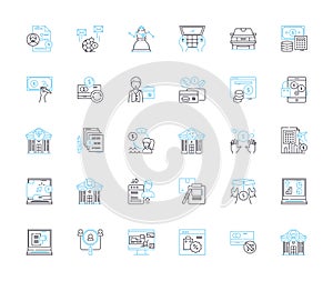 Economic policy linear icons set. Inflation, Deflation, Budget, Fiscal, Mtary, Interest, Taxation line vector and