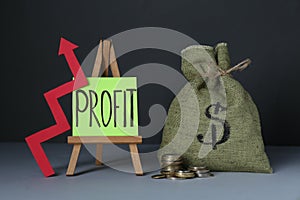 Economic profit. Money bag, arrow, coins and easel with note on grey table