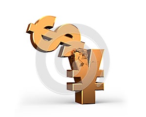 Economic war, USD vs. RMB, currency symbol fighting, 3D rendering