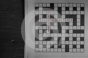 Economics and profits written in red as solutions to a newspaper crossword puzzle