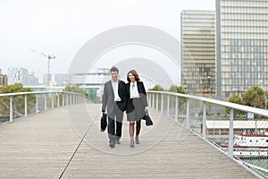 economists male and female in strict suits walking.