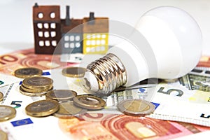 Economy bulbs whit  money isolated on white and a miniatural house in background.