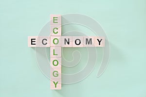 Economy and ecology balance, connection, relationship and priority concept. Crossword puzzle flat lay.