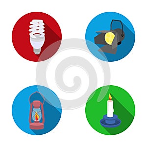 Economy lamp, searchlight, kerosene lamp, candle.Light source set collection icons in flat style vector symbol stock