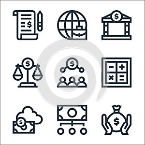 economy line icons. linear set. quality vector line set such as money bag, economy, cloud banking, maths, money exchange, scale,