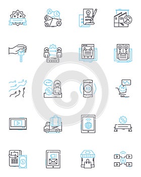 Economy publicity linear icons set. Recession, Inflation, Stockmarket, Exchange, Fiscal, Deflation, Tariff line vector