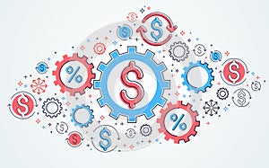 Economy system and business concept, gears and cogs mechanism with dollar signs and icon set, allegory design of systematic
