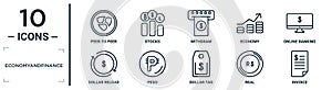 economyandfinance linear icon set. includes thin line peer to peer, withdraw, online banking, peso, real, invoice, dollar reload