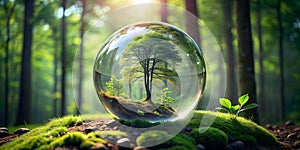 ECOSISTEMA EN ESFERA DE CRISTAL RODEADO DE BOSQUE AI Generative photo