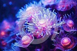 Ecosystem and biosystem of the seabed in a neon glow. Generated by artificial intelligence