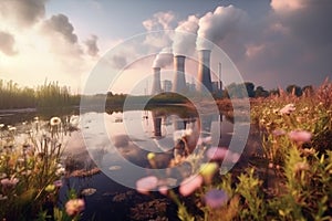 Ecosystem diversity, Thermal power plant, lotus plants, colorful cloudy panorama