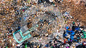 Ecosystem and healthy environment concepts and background, Garbage pile in trash dump or landfill, Aerial view garbage trucks