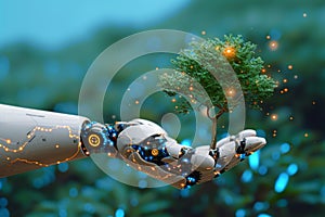 Ecotech harmony Human hand and robotic hands hold a tree
