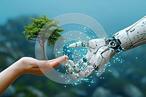 Ecotech harmony Human hand and robotic hands hold a tree photo