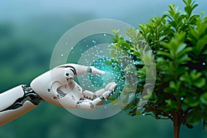 Ecotech harmony Human hand and robotic hands hold a tree photo