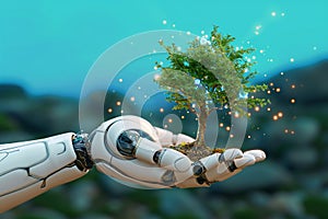 Ecotech harmony Human hand and robotic hands hold a tree photo